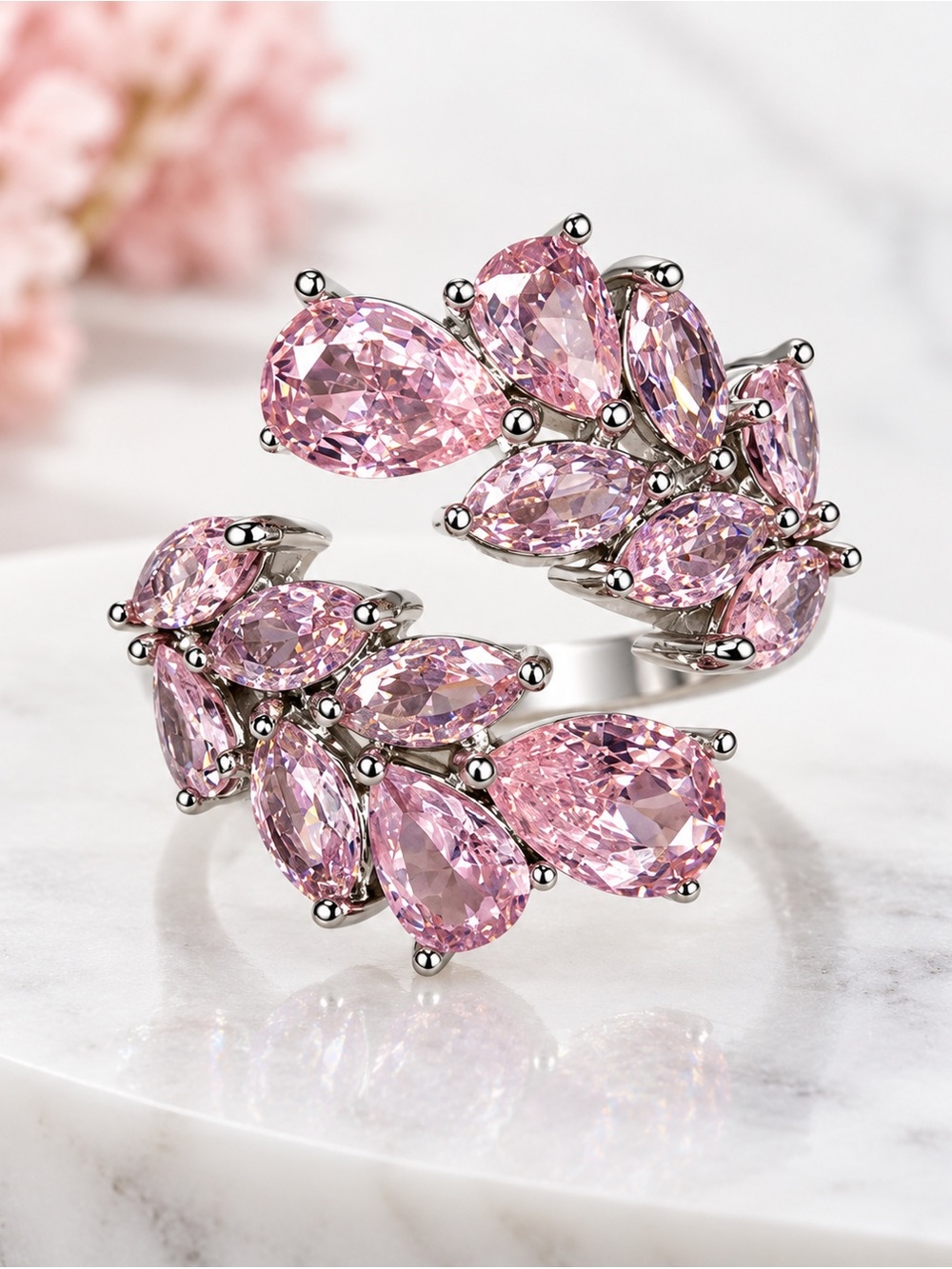 Pink Crystal Statement Ring Silver Tone Leaf Cluster Adjustable Style